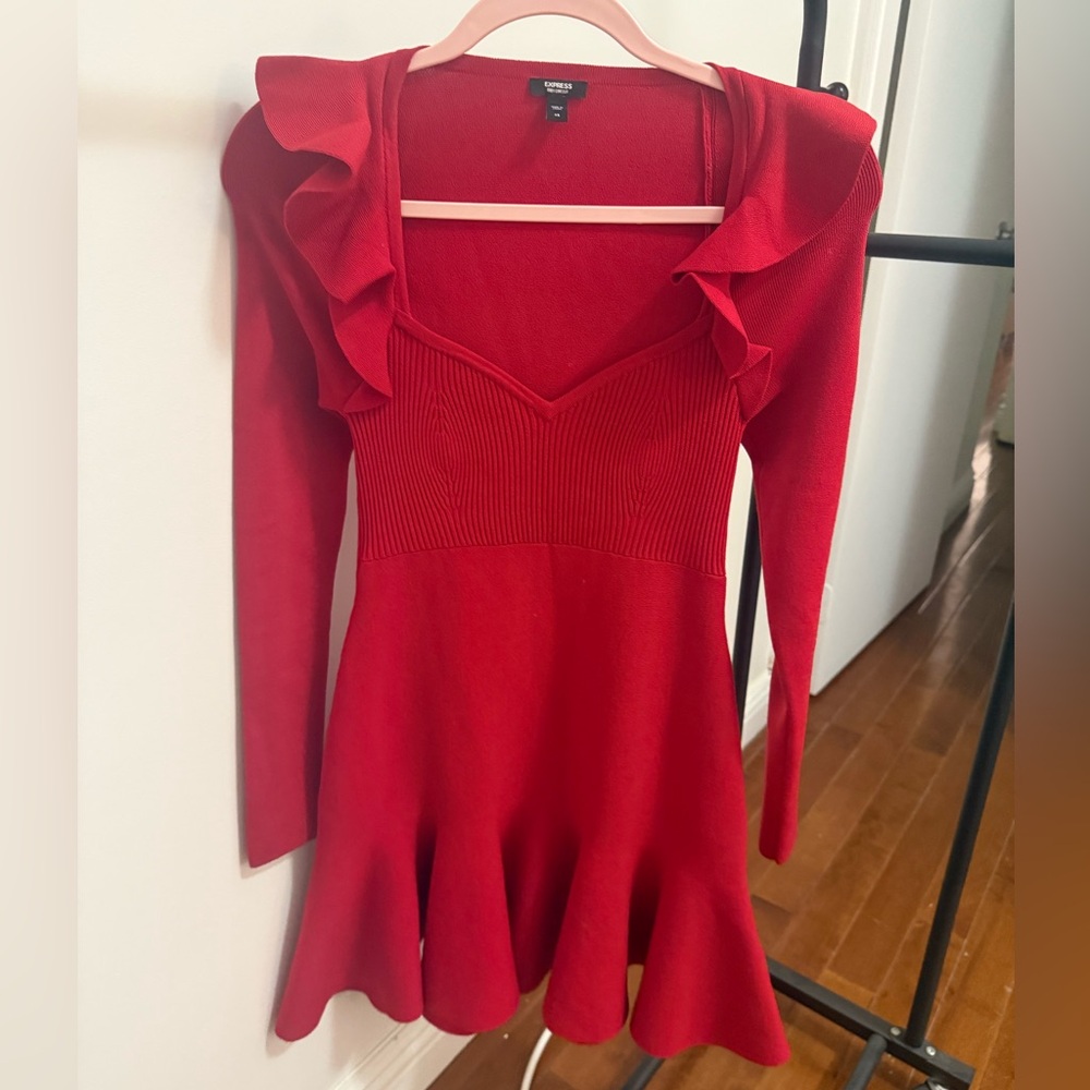 Express Vibrant Red Long Sleeve Dress